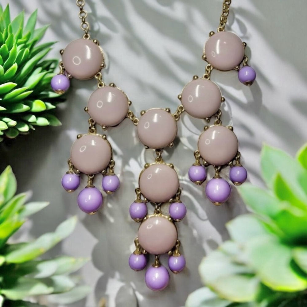 J Crew Vintage Bubble Necklace, Shades of Mauve Purple, Gold Adjustable Chain